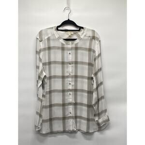 Jane + Delancey Women’s Button Front Top White Plaid Green Classic Neutral Sz 2x
